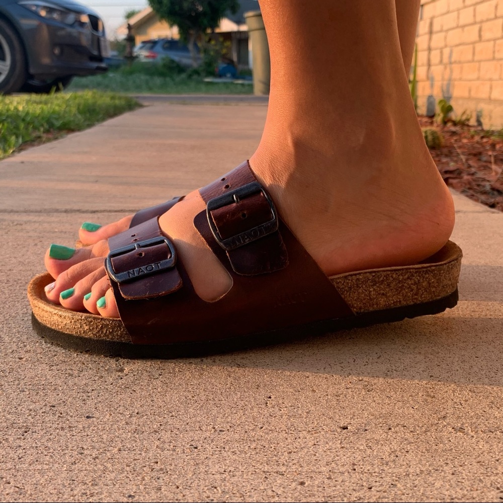 Naot Dark Brown Leather Double Buckle Cork Slide Sandals